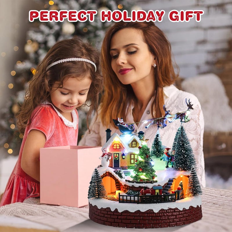 Vipush Christmas Village House Decorations Resin Train Set with Flying Santa Home Decor Indoor Building Figurines Revolving Train with LED Light and 8 Christmas Music for Kids - Image 5
